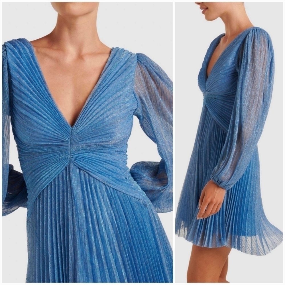 . Ever New Blue Shimmery Madison Pleated Long Sleeve Plissé Minidress